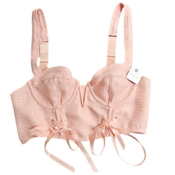 Anthropologie Tweed Corset Crop Top Pink, V Neck, Underwire, Lace Up, Size S NWT - Picture 1 of 10